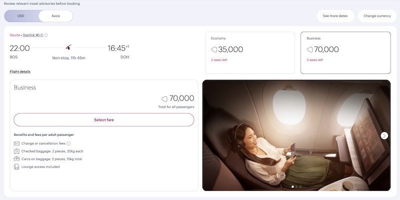 Qatar Airways Qsuite business class award from Boston to Doha for 70000 Avios