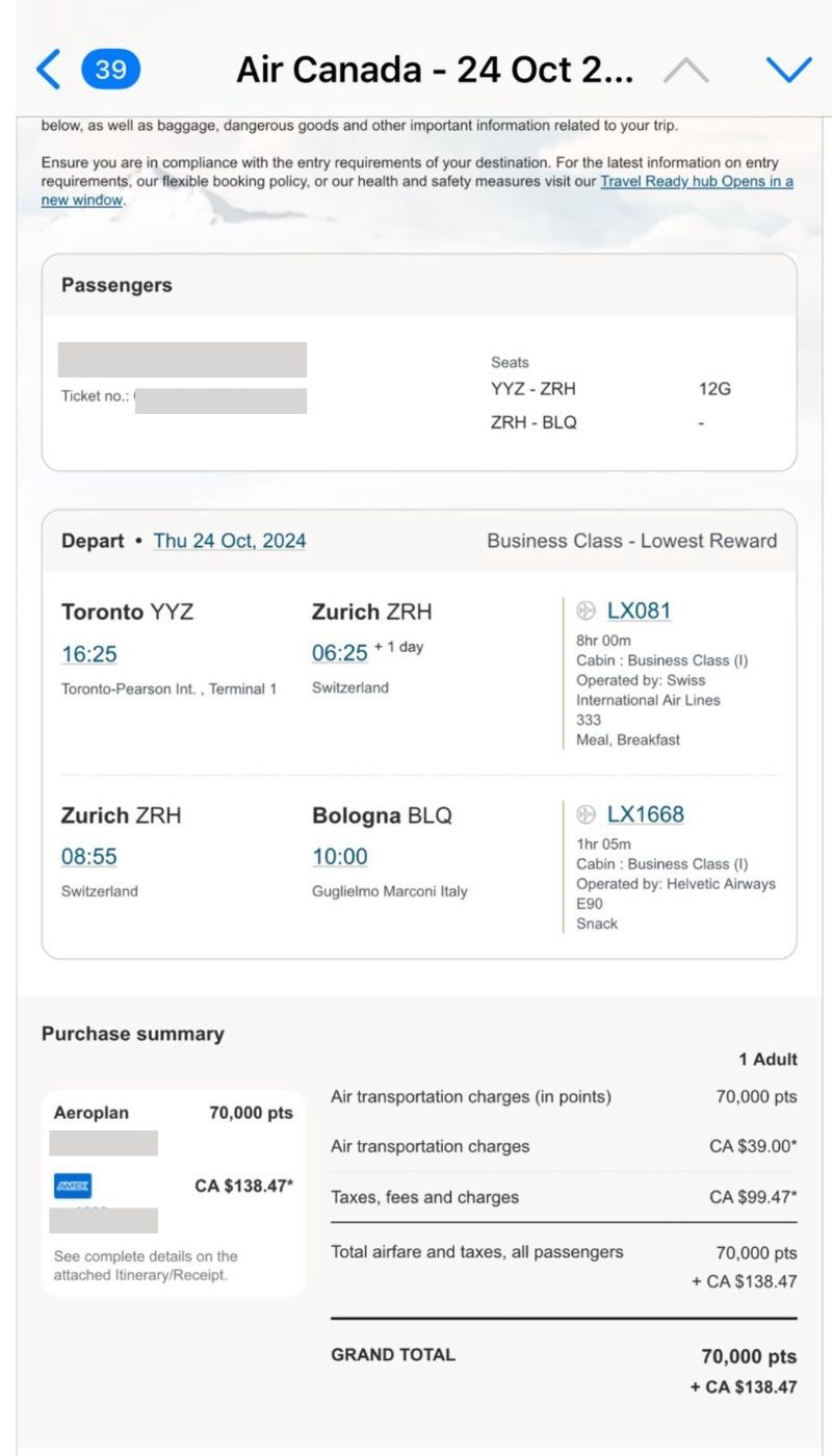 Anonymized screenshot showing a client Aeroplan redemption to Bologna, Italy.