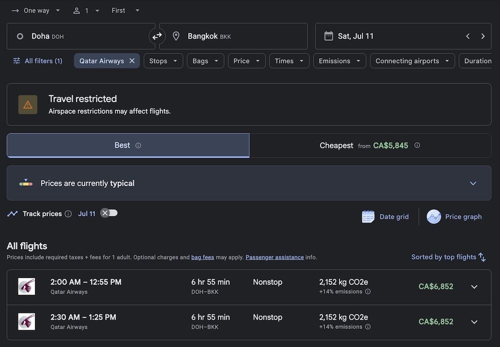 Google Flights results for a one way first class Qatar Airways flight from Doha DOH to Bangkok BKK on Sat Jul 11. The page shows a travel restricted warning, cheapest fares from CA$5,845, and nonstop Qatar Airways flights at 2:00am and 2:30am for CA$6,852 each.