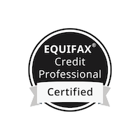 Black and white badge with the text "EQUIFAX Credit Professional Certified" on a ribbon design.