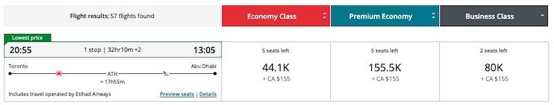 Flight booking results table showing one lowest price option from Toronto to Abu Dhabi. Text reads 