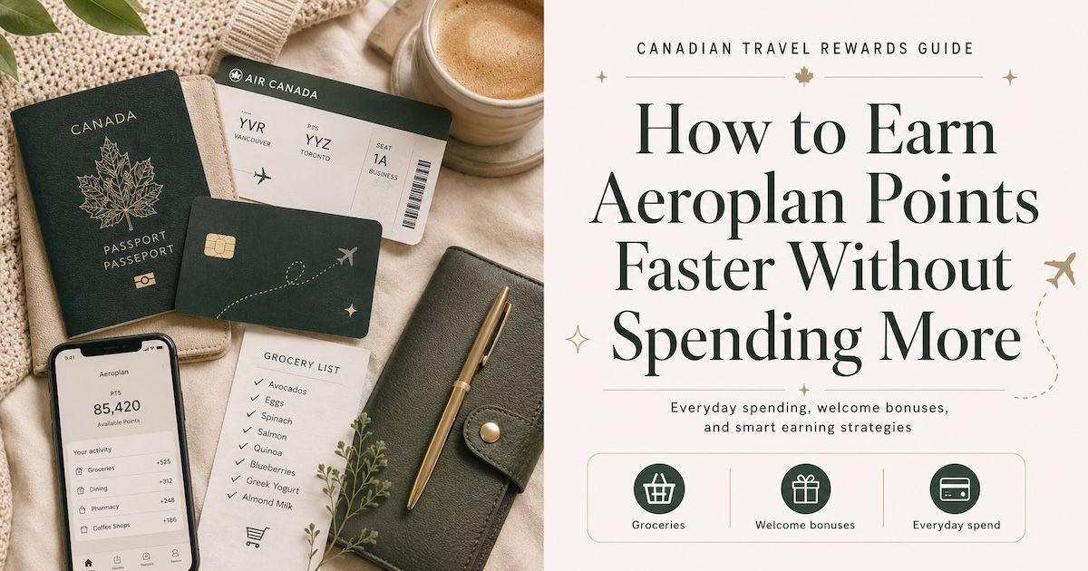 Graphic with passport, boarding pass, credit card, grocery list, coffee, and Aeroplan points app.