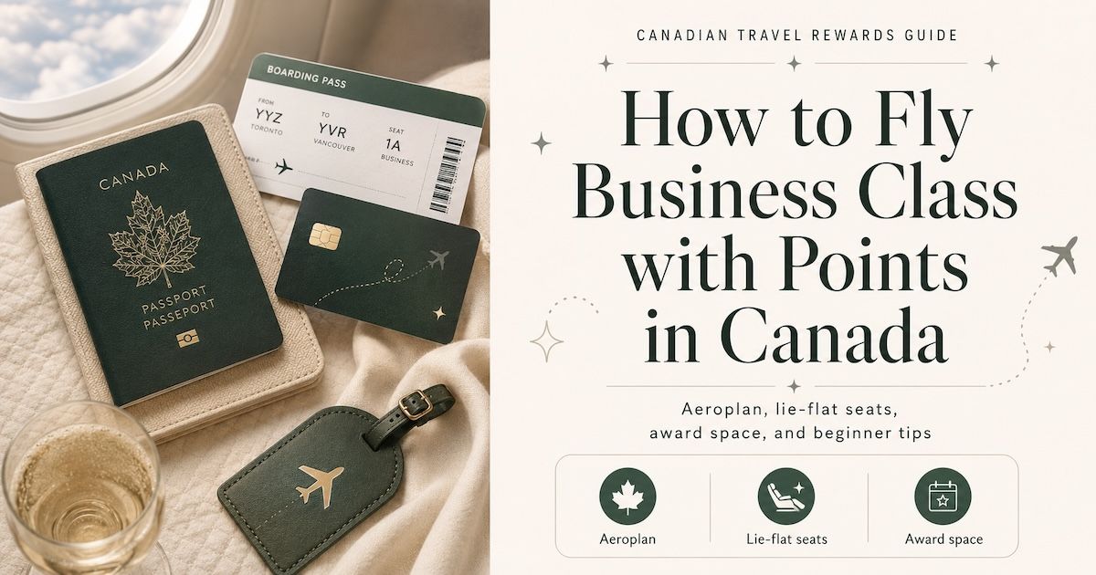 Graphic with passport, boarding pass, credit card, airplane window, and business class points title.