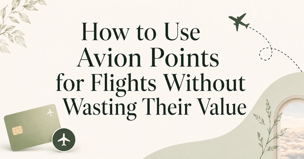 Elegant graphic showing Avion points travel rewards with a plane, card, and flight-themed design.