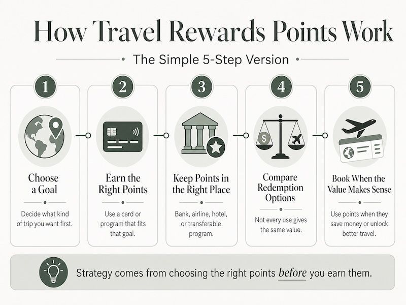 Infographic showing how travel rewards points work in five steps: choose a goal, earn the right points, keep points in the right program, compare redemption options, and book when the value makes sense.
