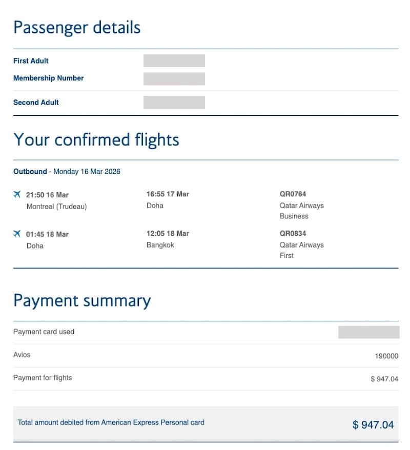 British Airways Avios booking confirmation for Montreal to Bangkok on Qatar Airways business and first class for 95000 Avios per person