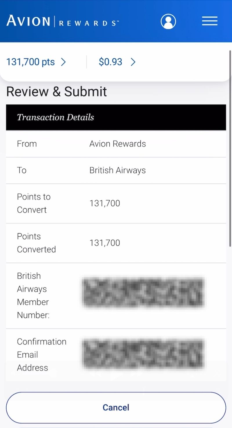 RBC Avion Rewards confirmation showing 131700 Avion points converted to British Airways Avios