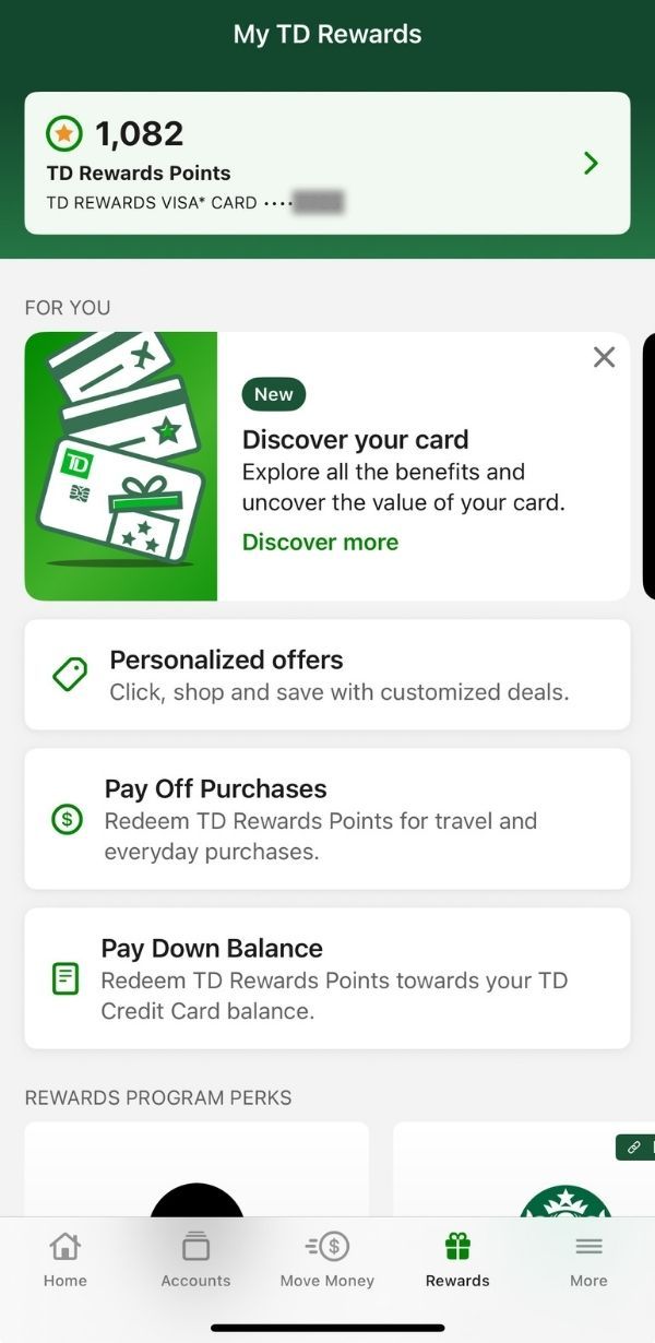 Screenshot of a TD Rewards balance as an example of bank proprietary travel rewards points in Canada.