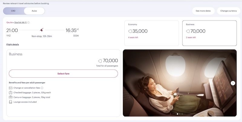 Qatar Airways Qsuite business class award from Toronto to Doha for 70000 Avios