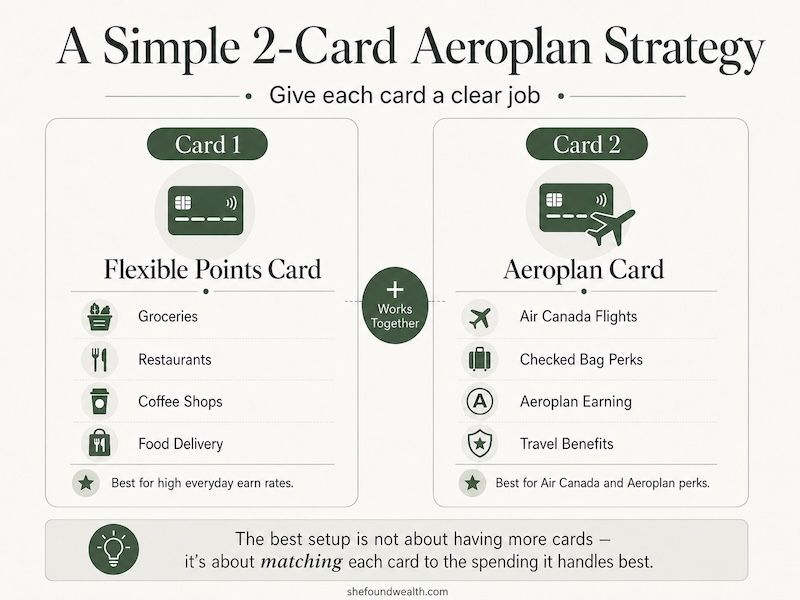 Two-card Aeroplan earning strategy showing one card for food, groceries, and dining, and another card for Air Canada purchases and Aeroplan perks.