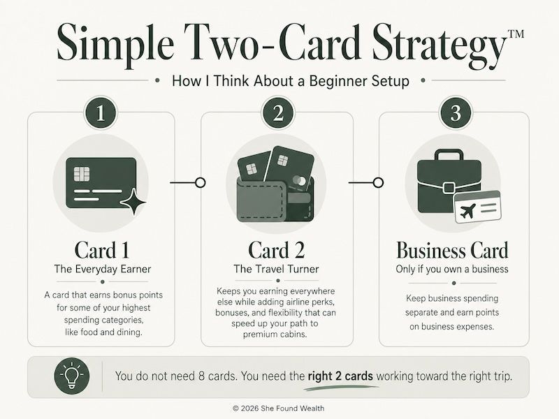 Infographic explaining a simple two-card travel rewards strategy with an everyday earner card, a travel turner card, and an optional business card for business owners.