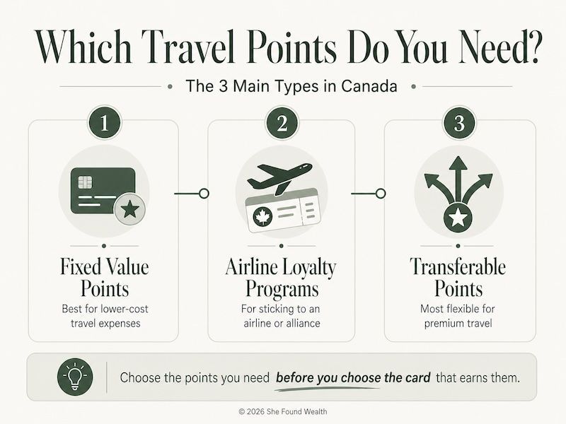 Infographic explaining the three main types of travel points in Canada: fixed value points, airline loyalty programs, and transferable points.