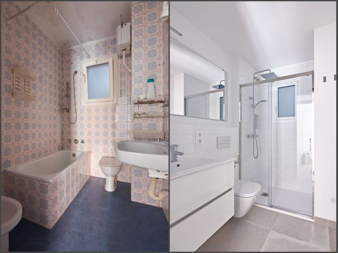 Confronto tra le ristrutturazioni del bagno: prima (vecchie piastrelle a fantasia) e dopo (moderne piastrelle bianche).