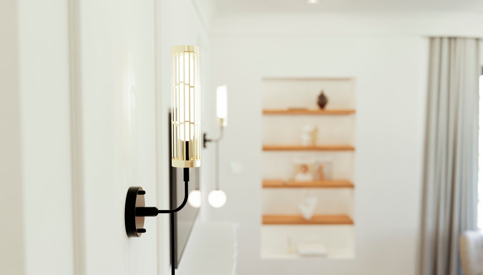 Bagno in costruzione con pavimento in piastrelle effetto legno, parete in pietra grigia e lucernario.