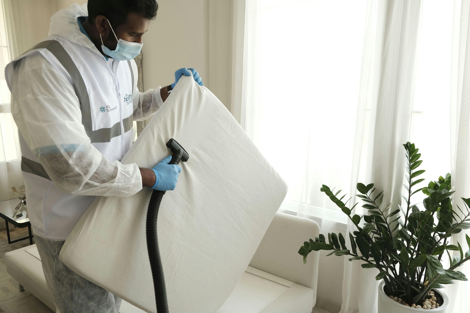 A man is cleaning a couch with a vacuum cleaner.