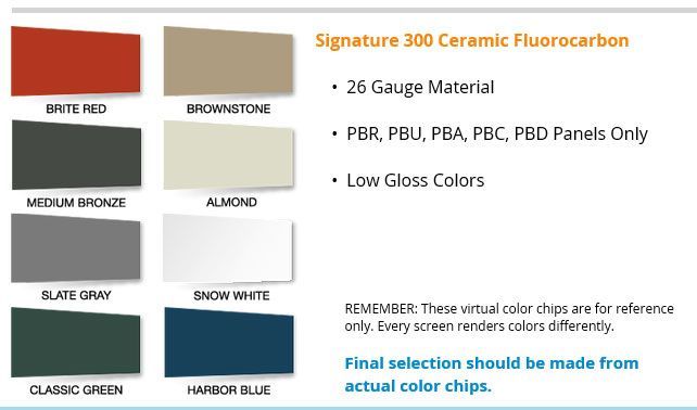 A list of signature 300 ceramic fluorocarbon paint colors