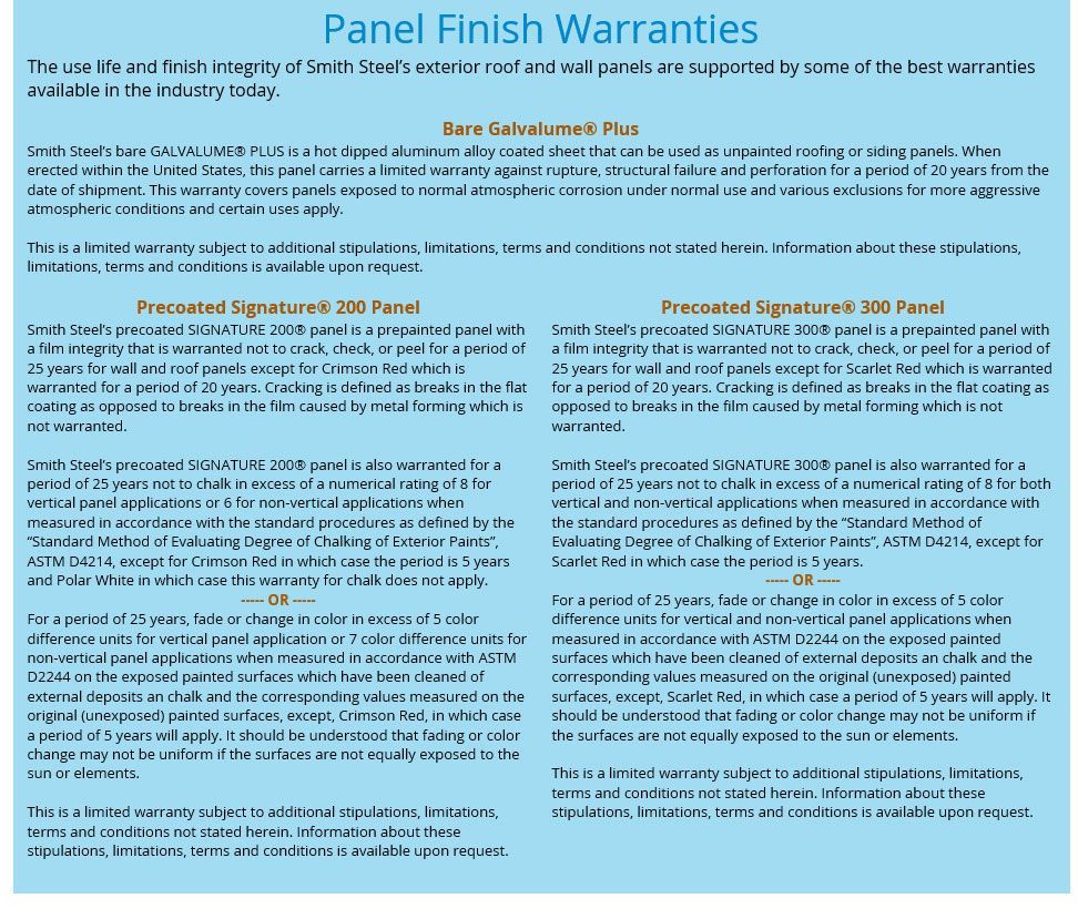 A page that says panel finish warranties on it