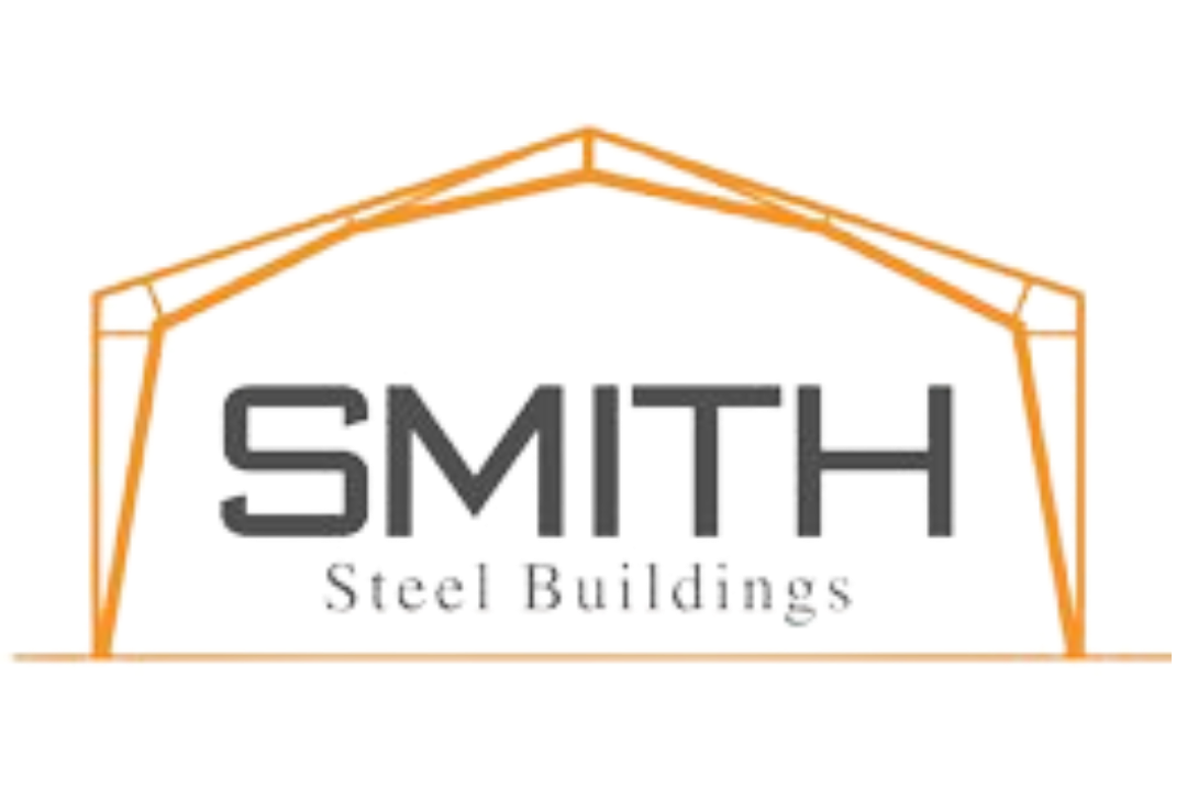 A logo for smith steel buildings with a picture of a building