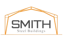 A logo for smith steel buildings with a picture of a building