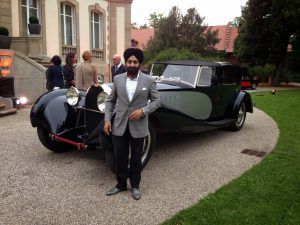 Prof. Peter Virdee outside Chateau Saint Jean in Molsheim with the Bugatti Royale