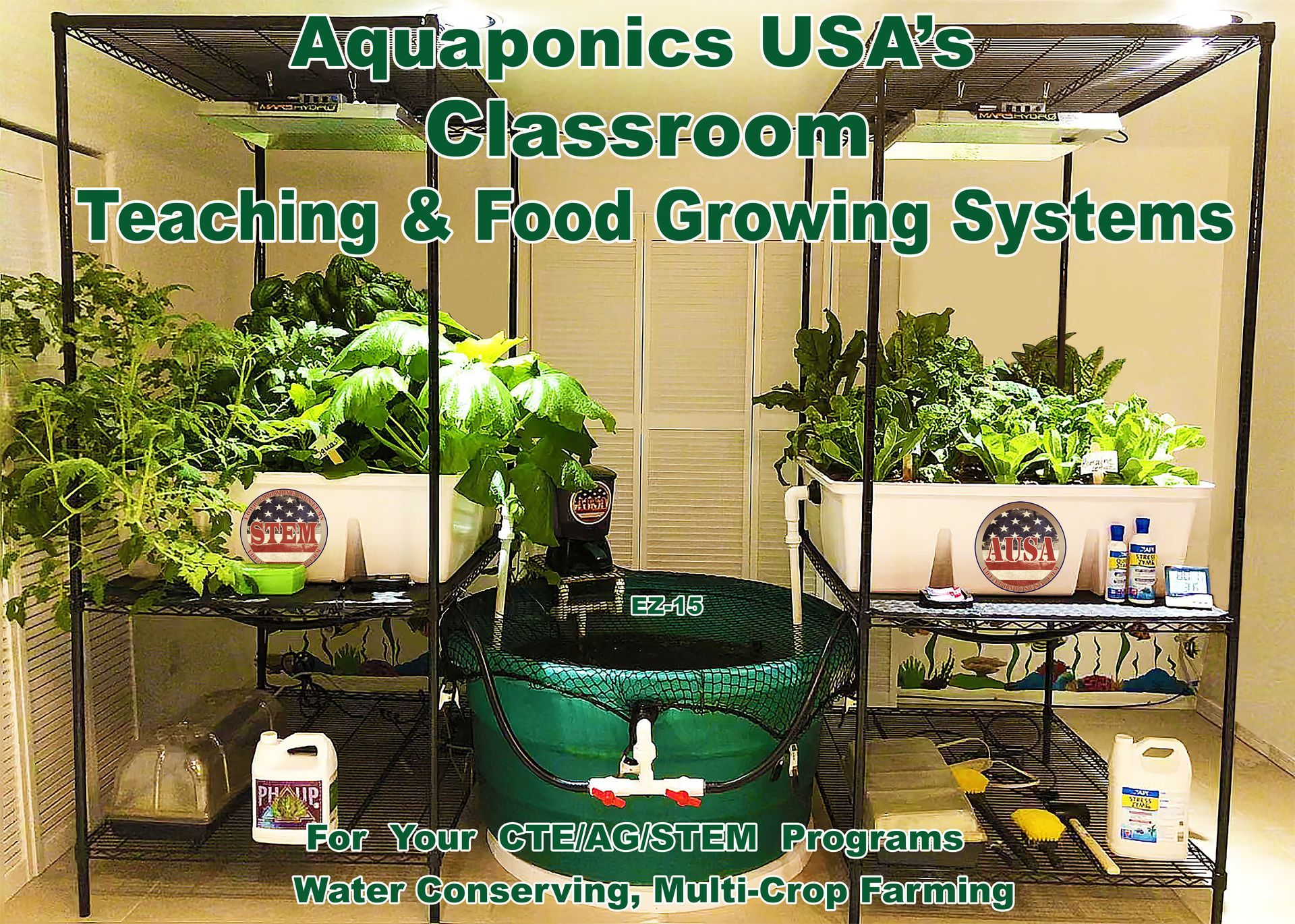 Aquaponics classroom system with plants, water tanks, and equipment; a food growing and teaching system.