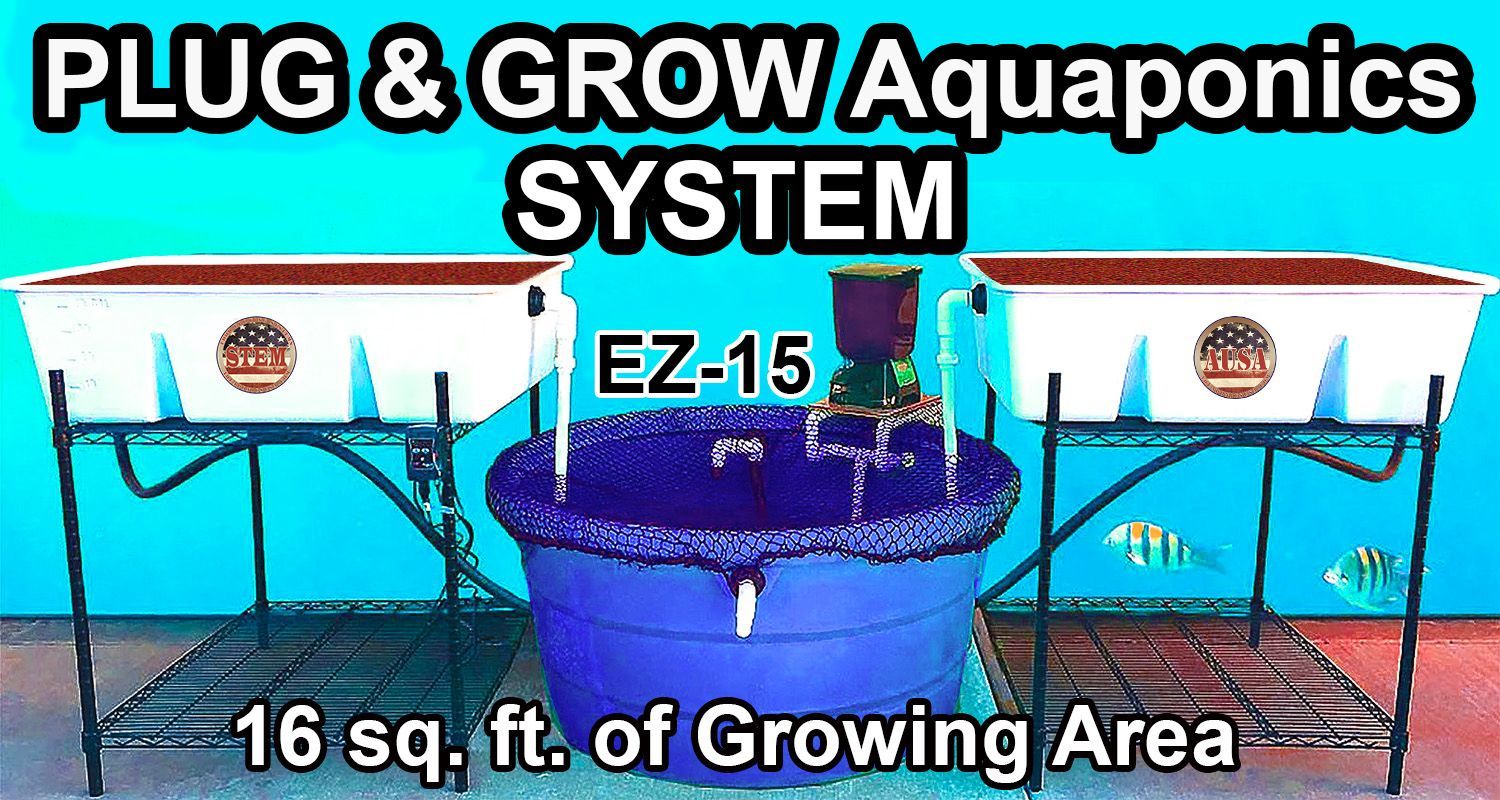 Aquaponics system with two white grow beds, a central blue tank, and fish. It has 16 sq. ft. of growing area.