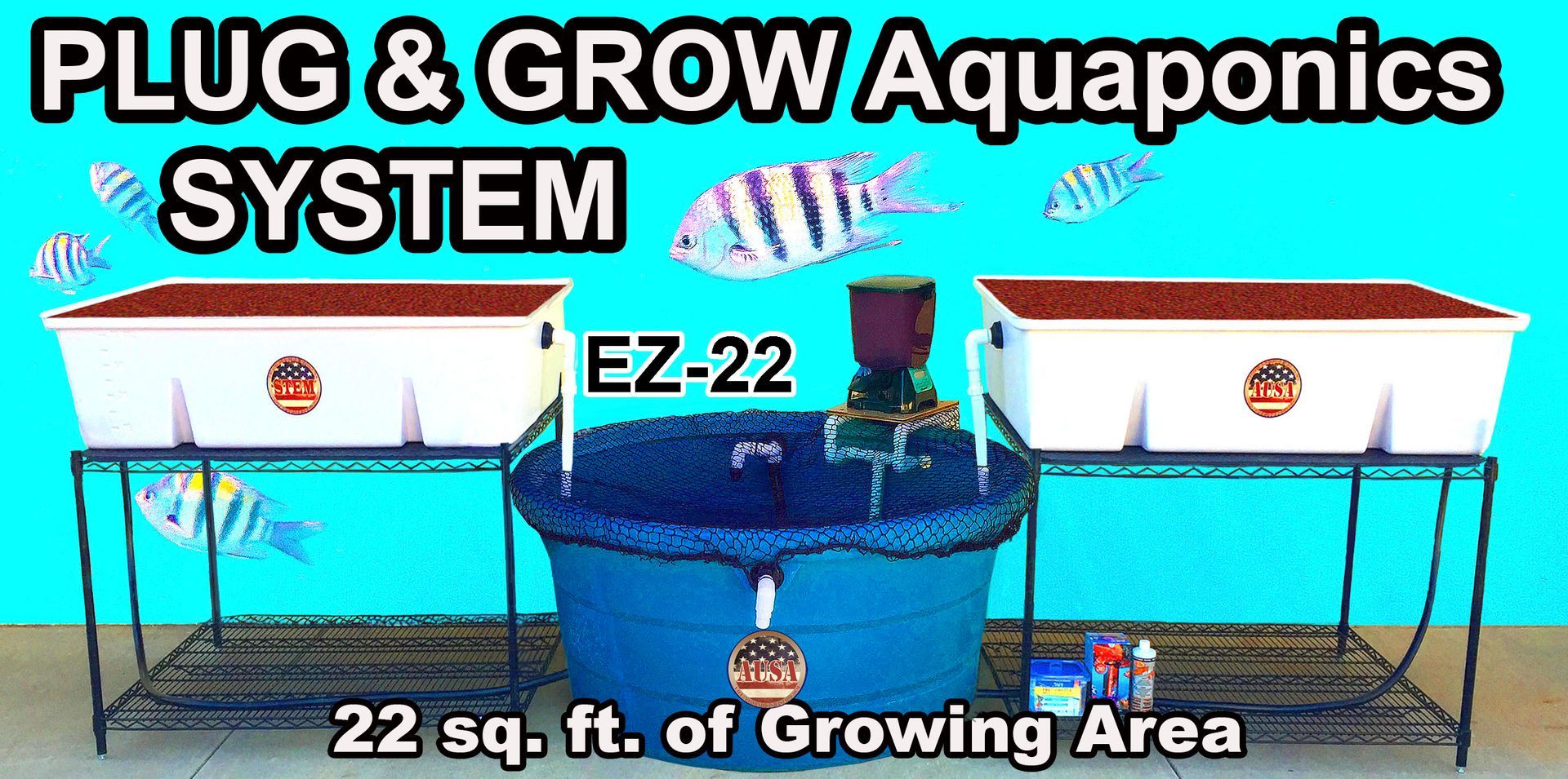 Aquaponics system with two white grow beds, a blue water tank, and