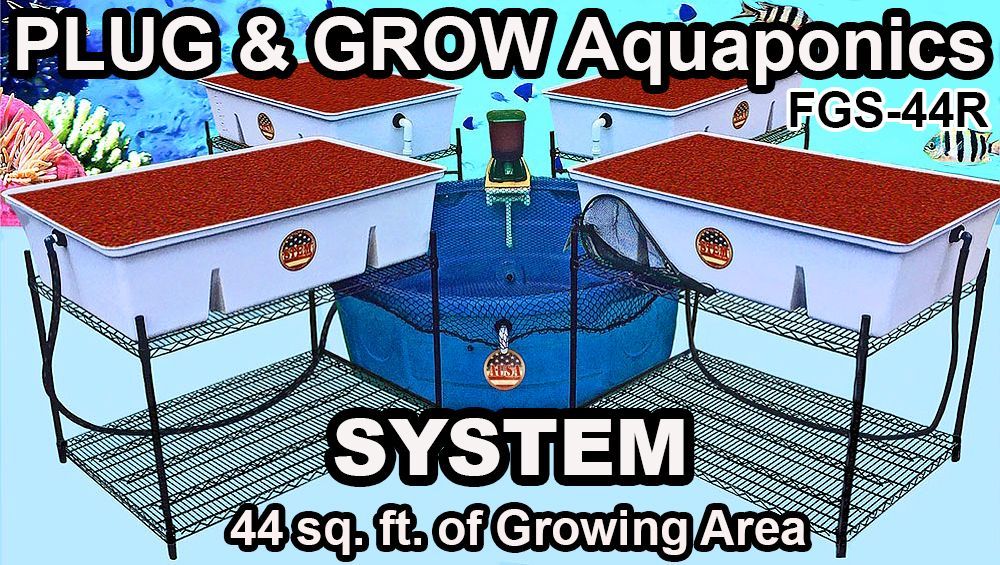 Aquaponics system with four grow beds, central fish tank, and wire shelving. Text: