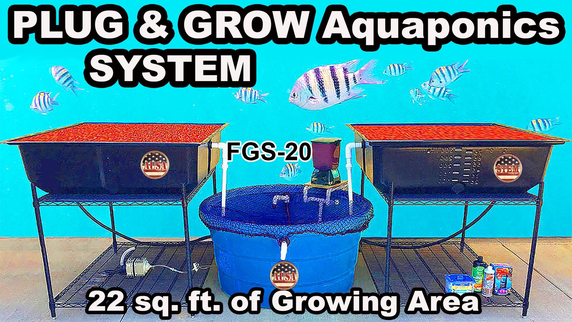 An aquaponics system with two growing beds, a central tank, and 22 sq. ft. of growing area.