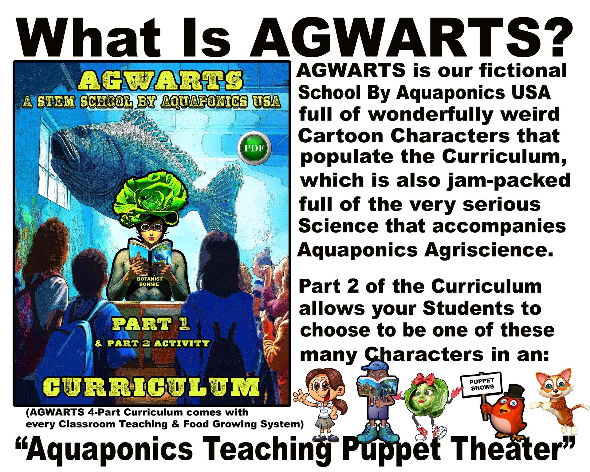 Book cover for AGWARTS aquaponics curriculum featuring cartoon characters.