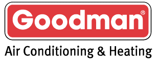 The logo for goodman air conditioning and heating is red and white.