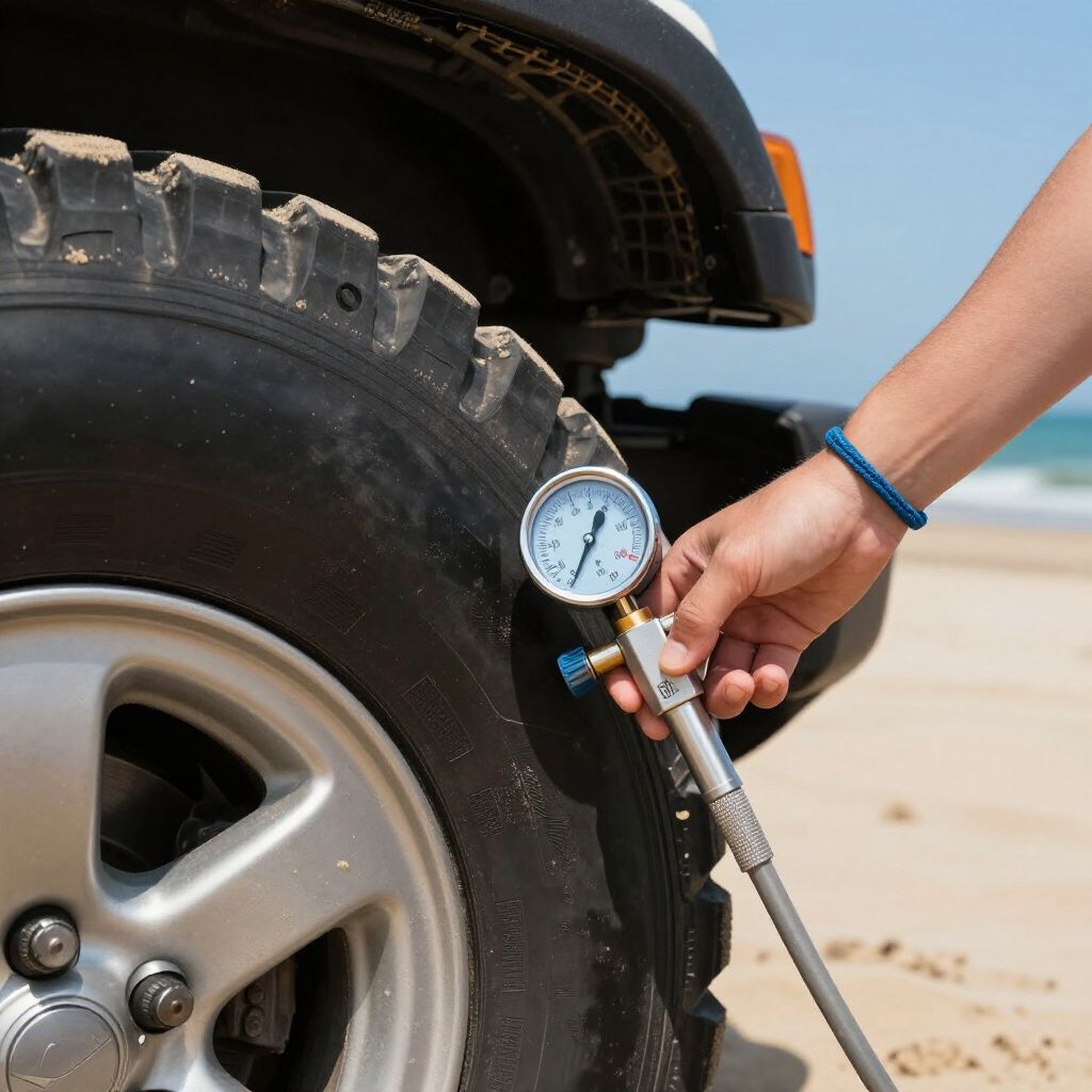 Person checking tire pressure with gauge on a car tire, likely on a beach.