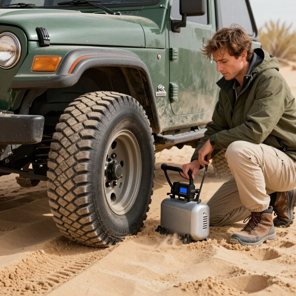 Man inflating a Jeep tire in the desert with a portable air compressor.