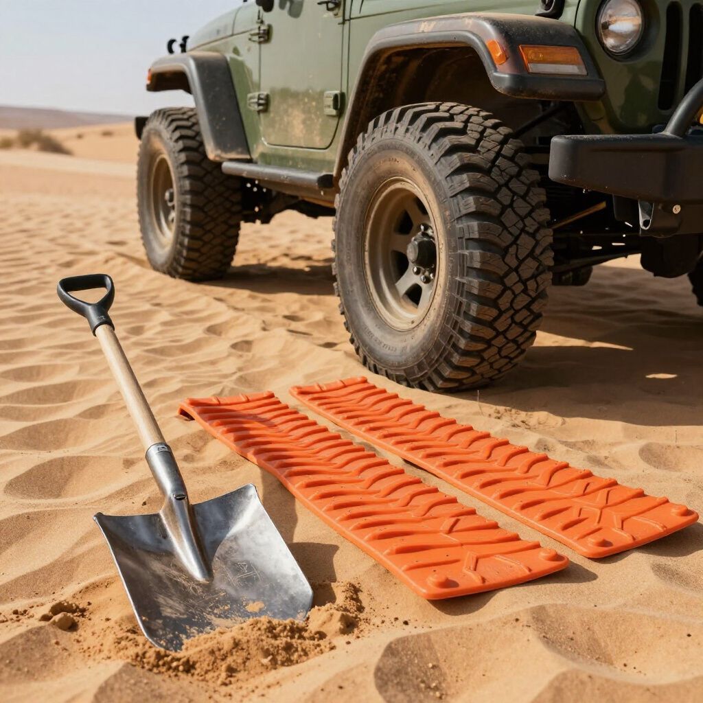 Jeep stuck in sand with orange traction mats and shovel. Desert setting.