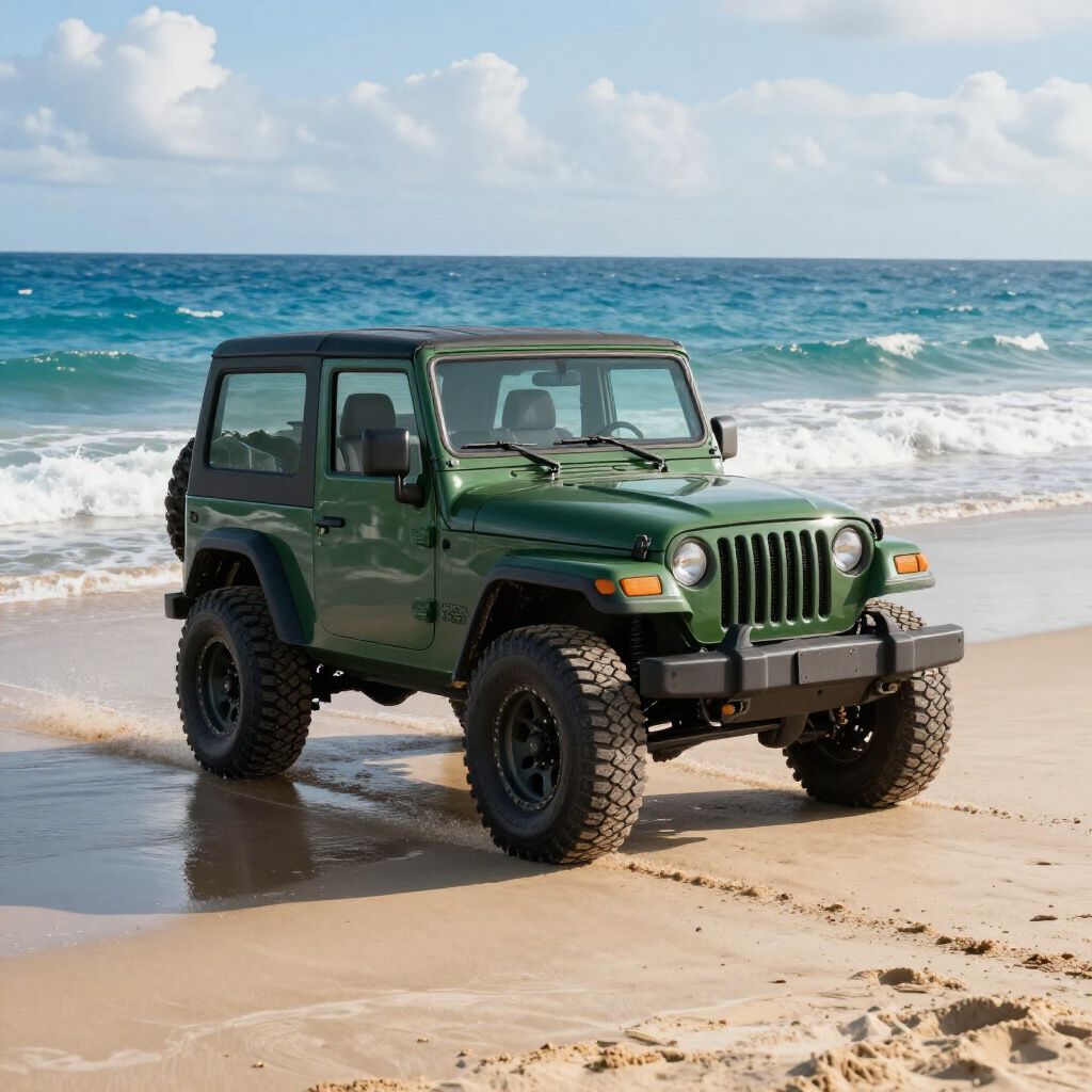 Green Jeep Wrangler on a sandy beach with the ocean in the background.