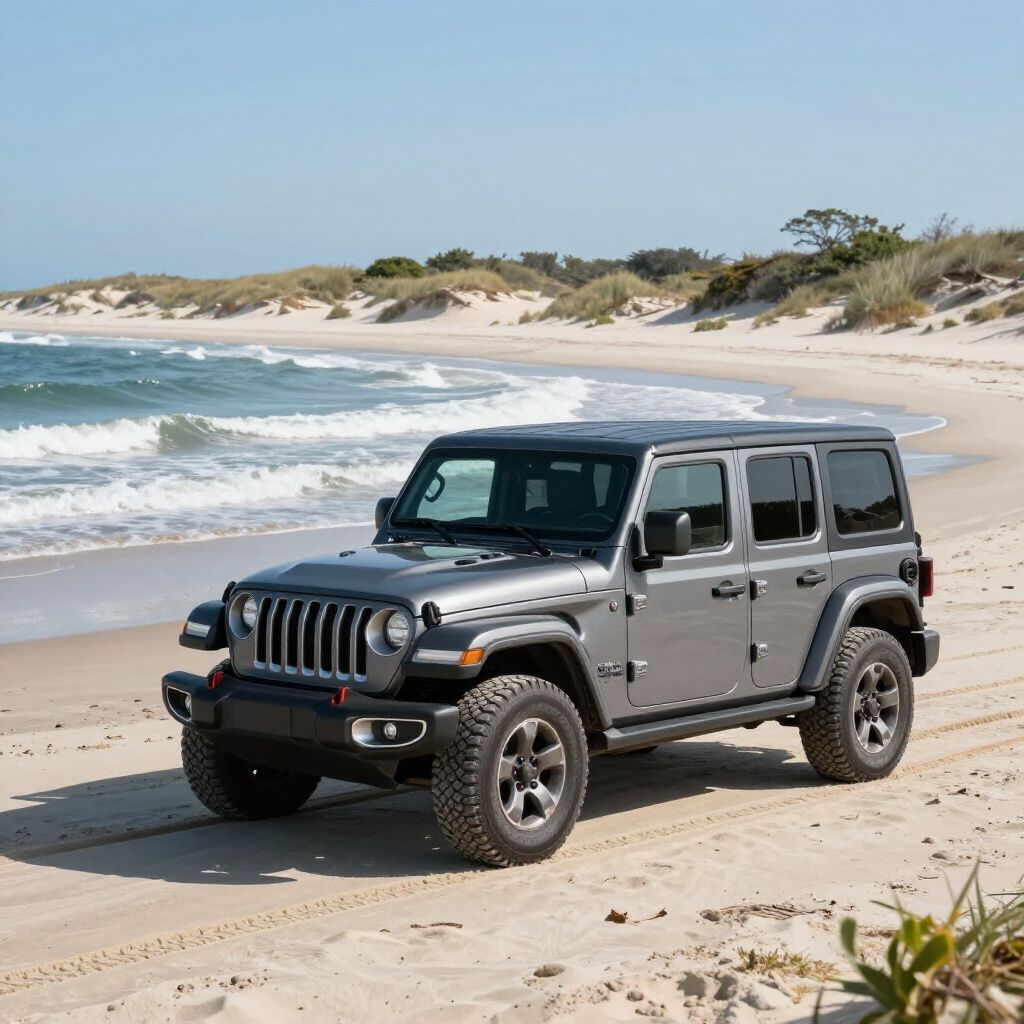 Gray Jeep Wrangler parked on a sandy beach near the ocean.