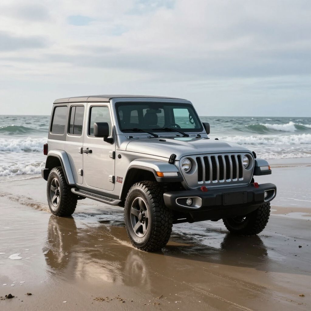 Silver Jeep Wrangler parked on a wet sandy beach near the ocean.