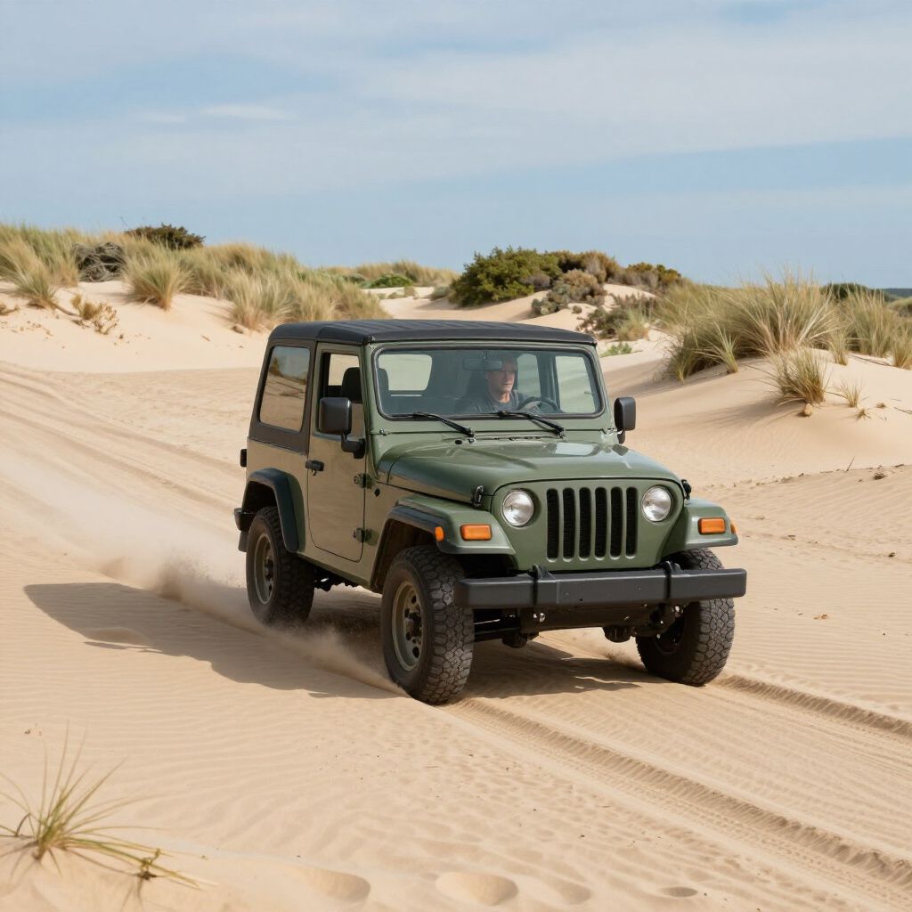 Green Jeep driving on a sandy path, kicking up dust; coastal setting with dunes and grass.