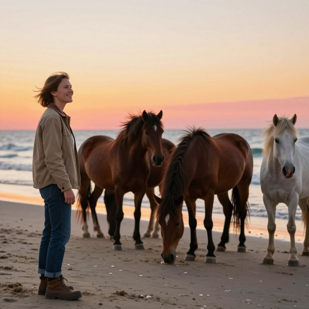 Woman and wild horses on a beach at sunset; horses are brown and white, woman wears jacket and boots.