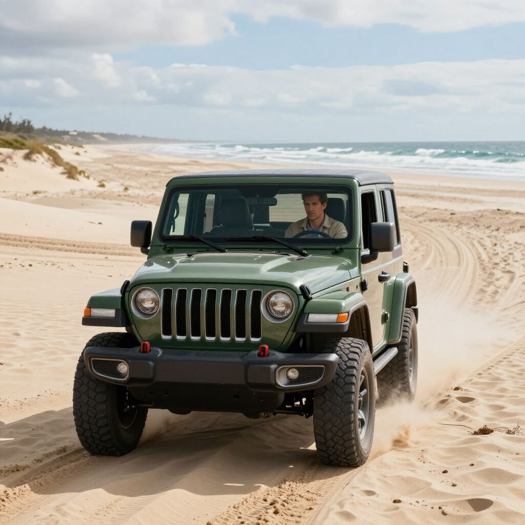 Green Jeep driving on a sandy beach, driver visible behind the wheel.