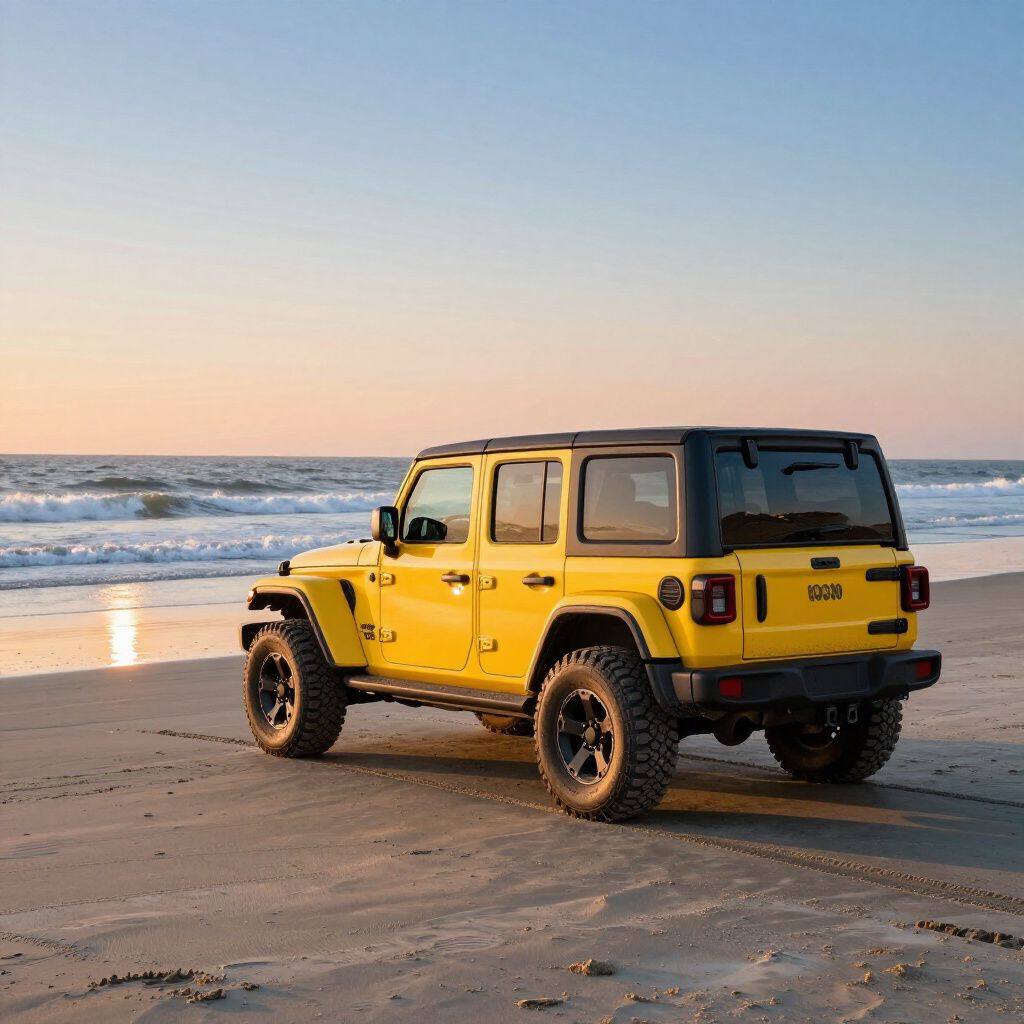 Yellow Jeep parked on a sandy beach near the ocean.