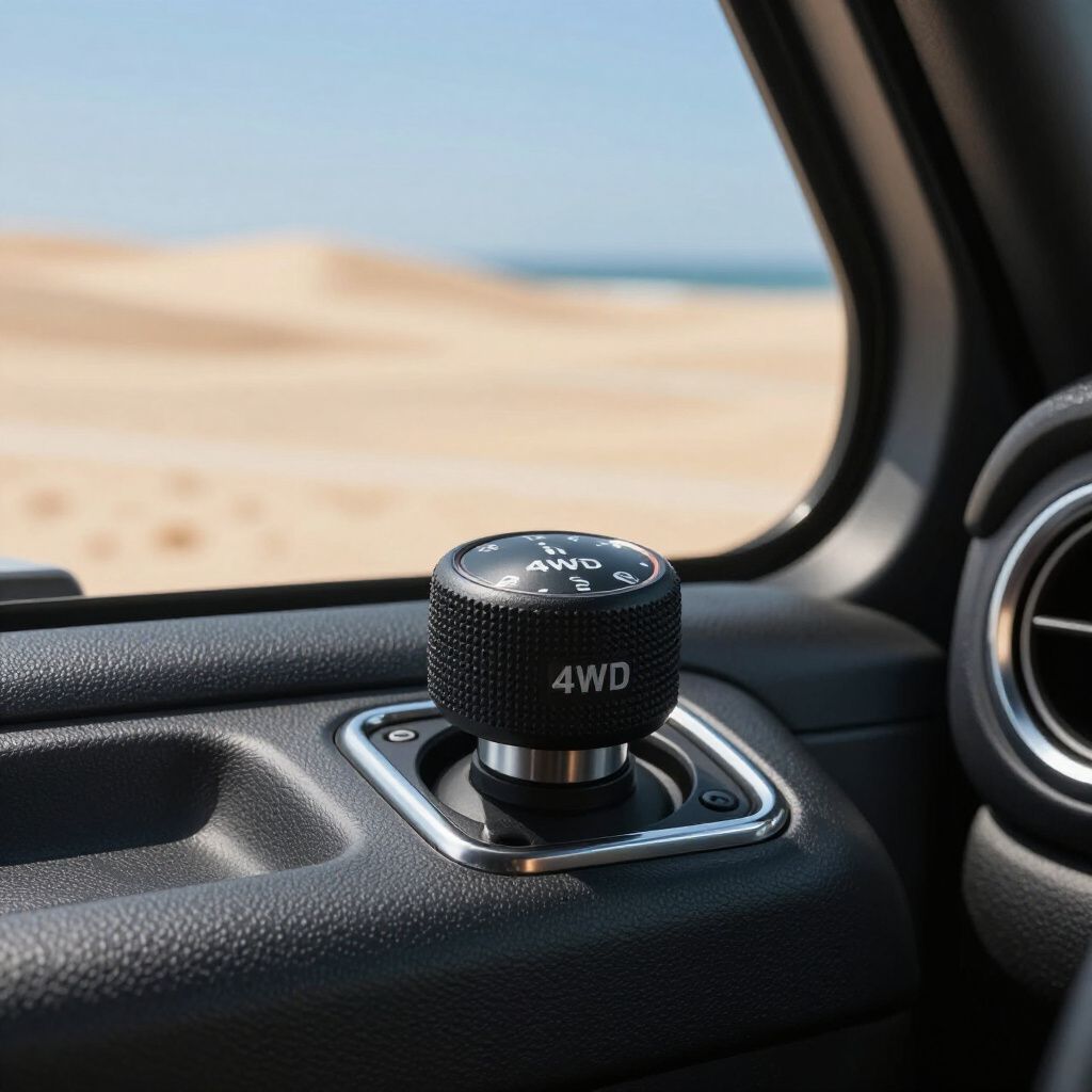 Close-up of a Jeep's 4WD selector knob, positioned by a window overlooking a beach.