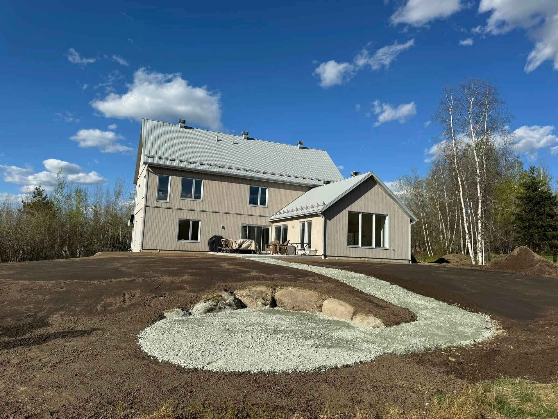 Une grande maison est située au sommet d'une colline de terre au milieu d'un champ.