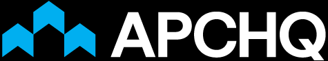 Un logo pour apchq avec une flèche bleue sur fond noir.