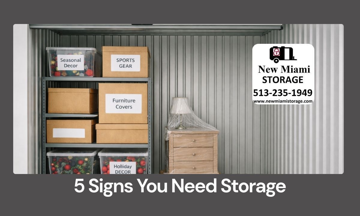 Organized self storage unit with labeled boxes and shelving showing clean, efficient use of space