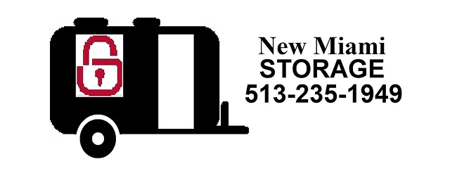 Logo for New Miami Storage with a black trailer icon featuring a maroon padlock and the phone number 513-235-1949.