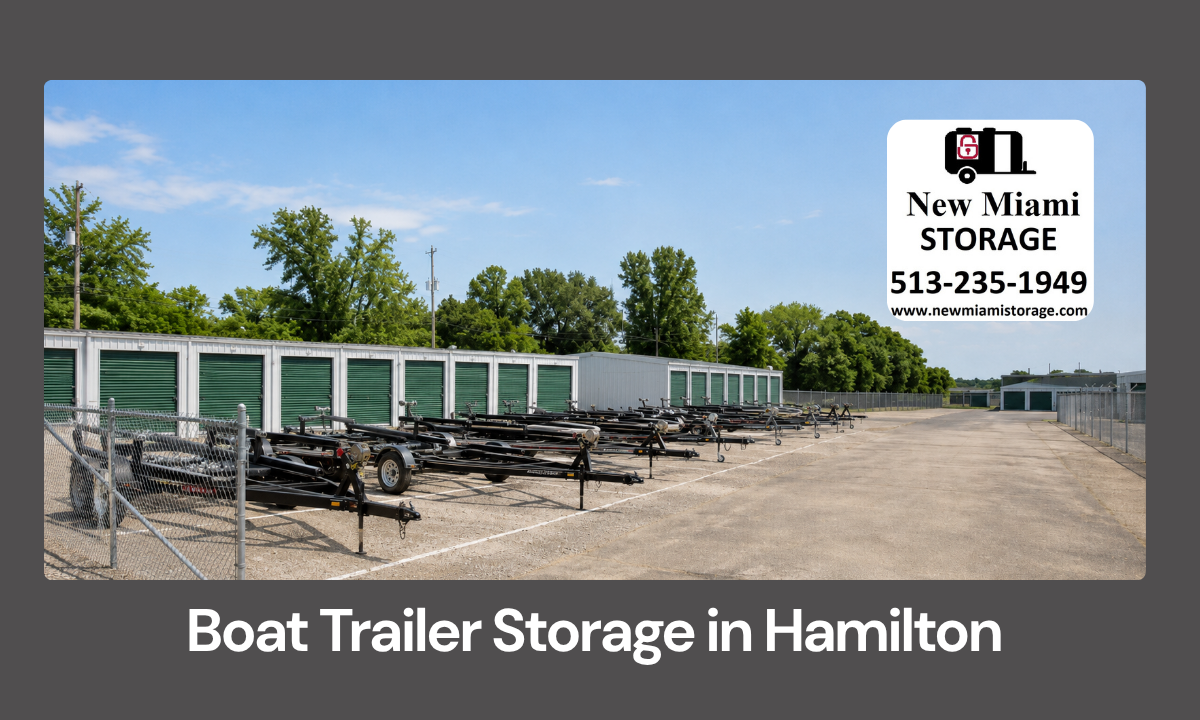Boat trailers parked in an organized outdoor storage lot with wide aisles near Hamilton OH