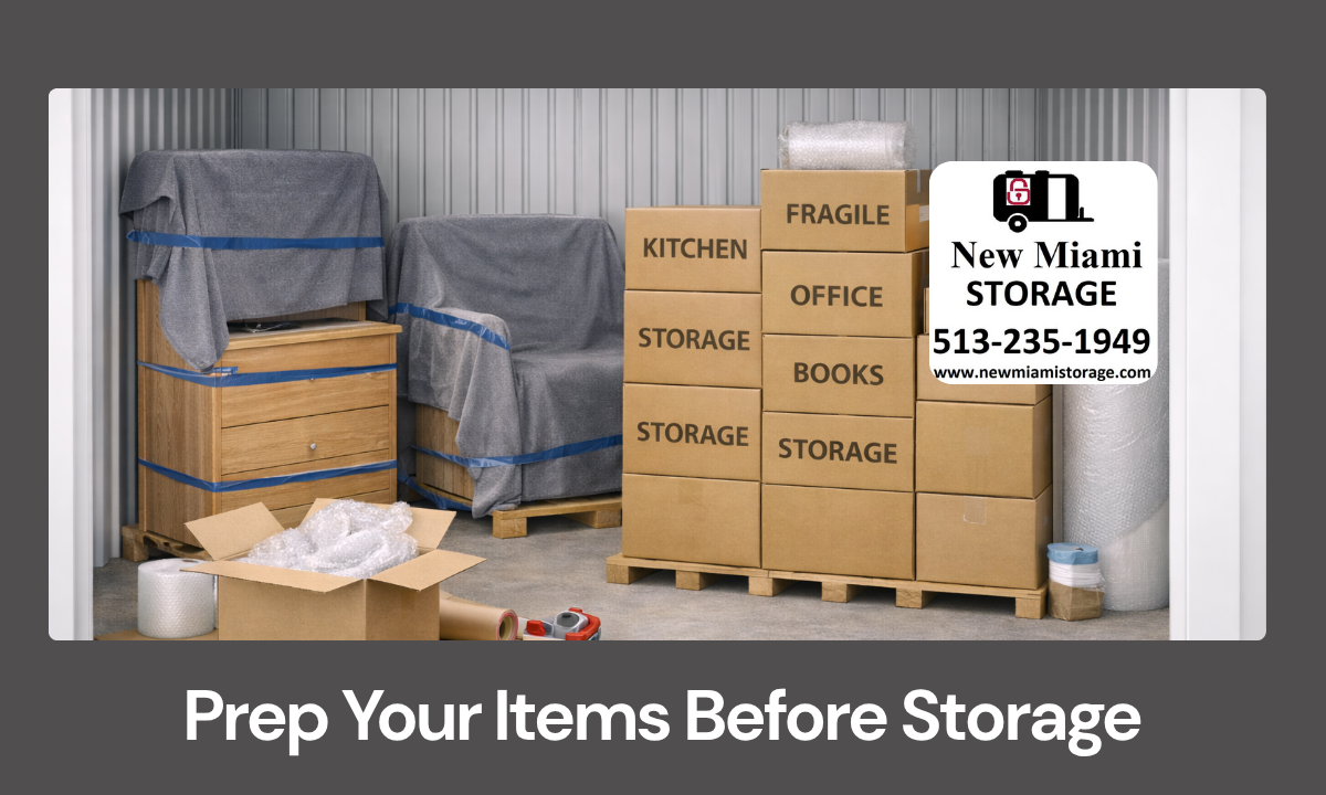 Organized storage unit with labeled boxes and wrapped furniture ready for storage