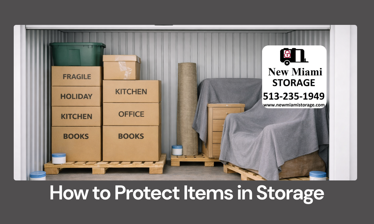 Organized self storage unit with boxes on pallets and covered furniture to protect items.