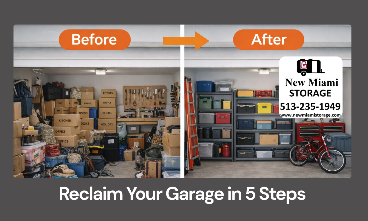 Organized garage with shelves, bins, and cleared floor space after decluttering